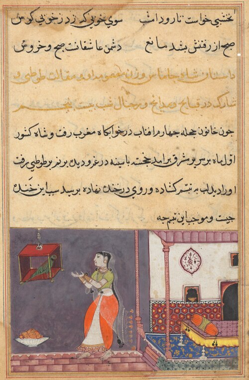 The Parrot Addresses Khujasta at the Beginning of the Twenty-fifth Night, from a Tuti-nama (Tales of, 1560, 