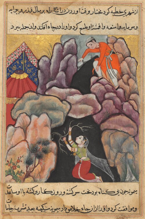 Mukhtar throws his wife Maimuna into the pit, but she saves herself, from a Tuti-nama (Tales of a Pa, 1560, 