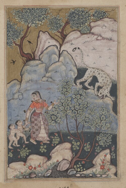 A woman with two children, having abandoned her home, goes into the forest where she encounters a le, 1560, 