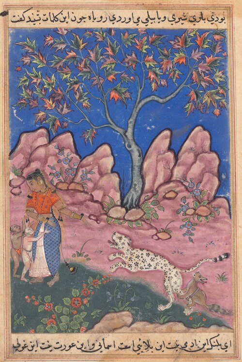 The woman conversing with her children, as the leopard returns, egged on by a fox who is tied to his, 1560, 