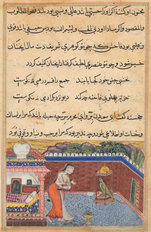 The parrot addresses Khujasta at the beginning of the thirty-first night, from a Tuti-nama (Tales of, 1560, 
