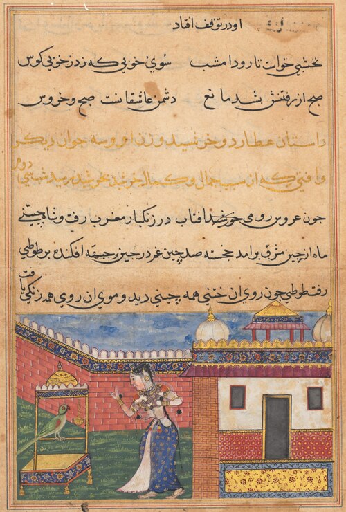 The parrot addresses Khujasta at the beginning of the thirty-second night, from a Tuti-nama (Tales o, 1560, 