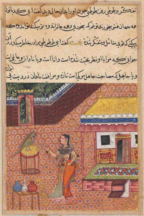 The parrot addresses Khujasta at the beginning of the thirty-fourth night, from a Tuti-nama (Tales o, 1560, 