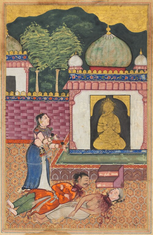 The princess discovers the dead bodies, with heads severed, of her husband and his Brahman friend, f, 1560, 
