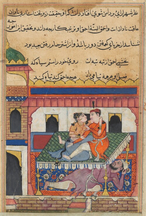 Shahr-Arai and her lover dallying on a bed beneath which is concealed her husband, from a Tuti-nama , 1560, 