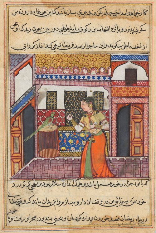 The parrot addresses Khujasta at the beginning of the forty-third night, from a Tuti-nama (Tales of , 1560, 