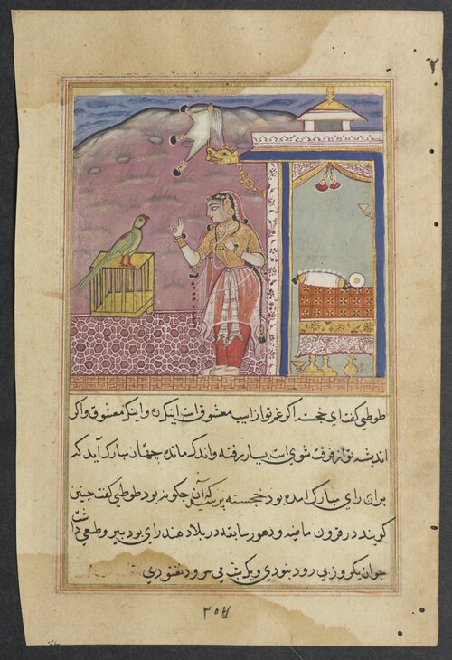 The parrot addresses Khujasta at the beginning of the forty-fourth night, from a Tuti-nama (Tales of, 1560, 