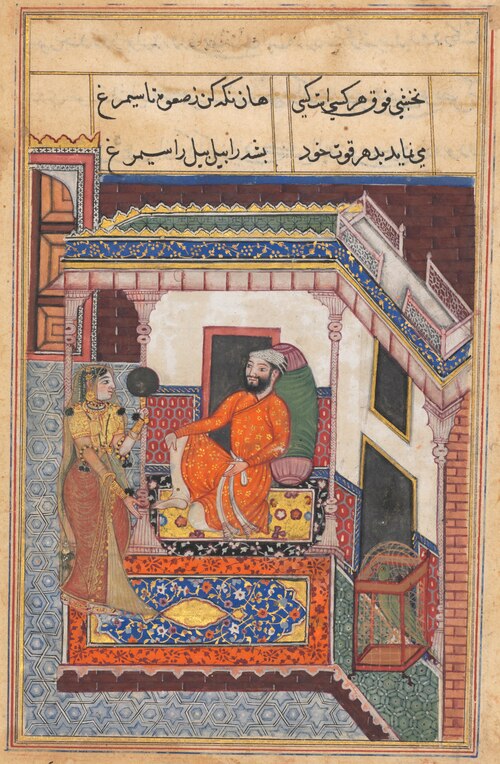 The parrot laughs on hearing the Raja of Ujjain’s wife admire her beauty in a mirror, from a Tuti-na, 1560, 