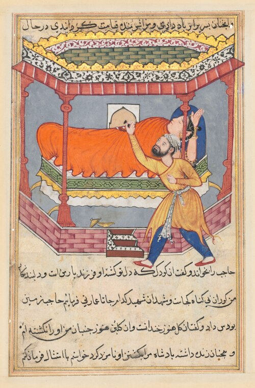 The king places the talisman on his sleeping wife, from a Tuti-nama (Tales of a Parrot): Fiftieth Ni, 1560, 