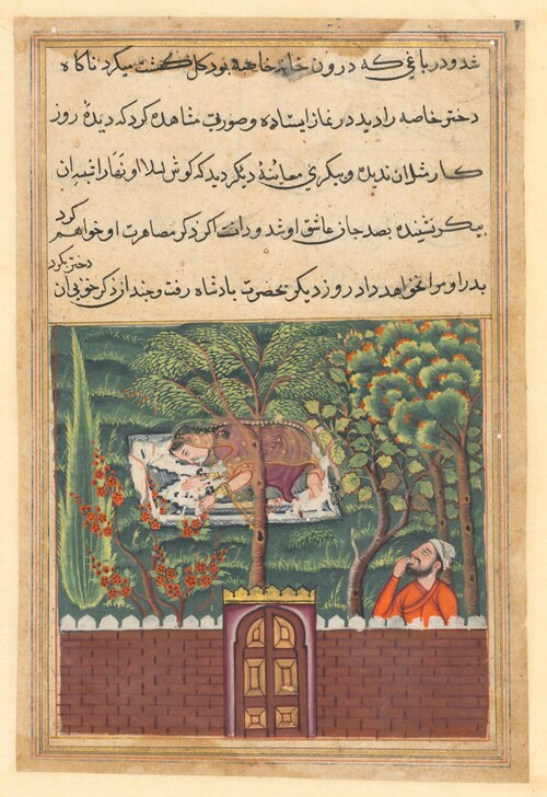 Khulasa, a vizier, sees the daughter of Khassa, another vizier, and covets her, from a Tuti-nama (Ta, 1560, 