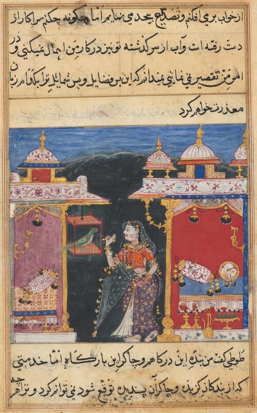 The Parrot Addresses Khujasta at the Beginning of the Seventh Night, from a Tuti-nama (Tales of a Pa, 1560, 