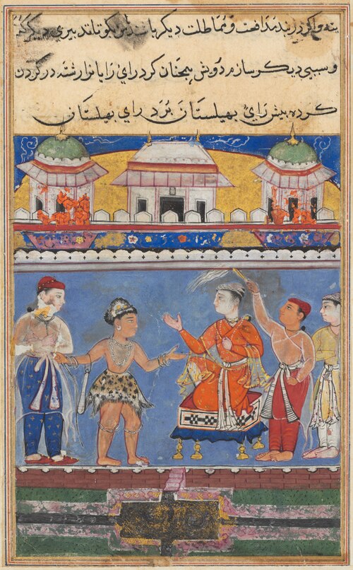 The dervish brings the King of Kings before the king of Bahilistan, from a Tuti-nama (Tales of a Par, 1560, 