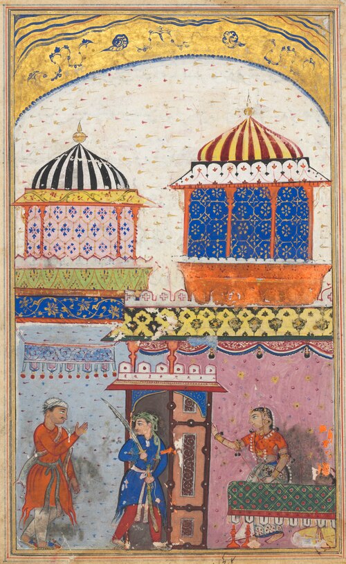 A woman asks her lover to leave her house, brandishing his sword and feigning rage in order to decei, 1560, 