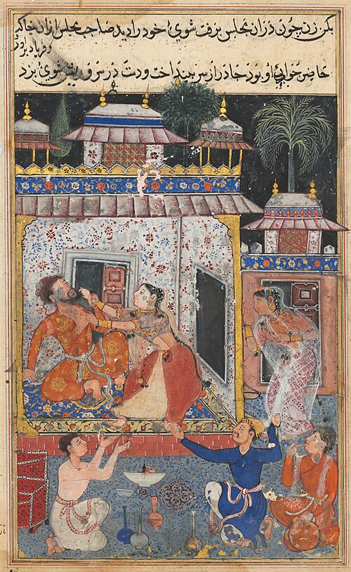 The deceitful wife assaults her erring husband, from a Tuti-nama (Tales of a Parrot): Eighth Night, 1560, 