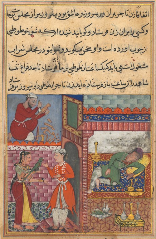 The vizier’s son receives the magic wooden parrot from the wife of the merchant, who is drunk, and h, 1560, 