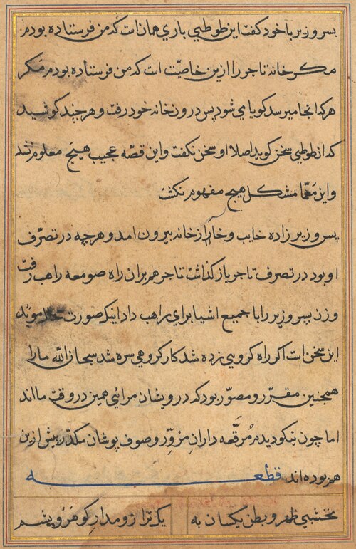 Page from Tales of a Parrot (Tuti-nama): text page, 1560, 