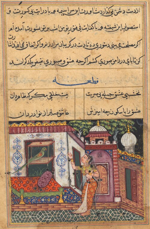 The Parrot Addresses Khujasta at the Beginning of the Eleventh Night, from a Tuti-nama (Tales of a P, 1560, 
