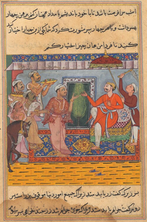 The Brahman, unable to select from the four gifts of the king of the Ocean seeks the Raja’s advice, , 1560, 