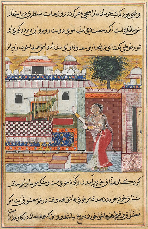The Parrot Addresses Khujasta at the Beginning of the Twelfth Night, from a Tuti-nama (Tales of a Pa, 1560, 