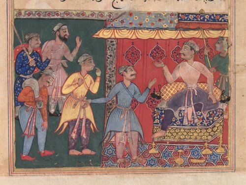 King Bhojaraja tries in vain to ascertain the whereabouts of the pearl from the four travelling comp, 1560, 