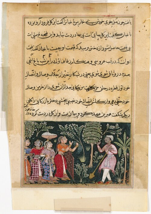 The daughter of the merchant of Mazanderan asks the gardener for the rose, from a Tuti-nama (Tales o, 1560, 