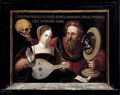 Vanitas met luitspelende vrouw en man met schedel en spiegel, 1535, 