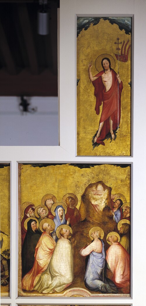 Middelrijns altaar, hemelvaart van Christus met afzonderlijk bovenstuk waarop Christus met kruisvaan, 1409, 