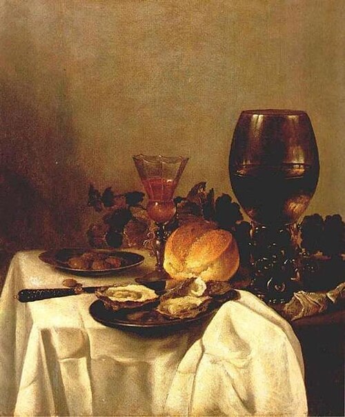 Still life with plates of oysters and olives, wineglasses and a bread roll, 1640, 
