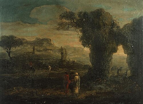 Rocky landscape with three travellers, 1690, 
