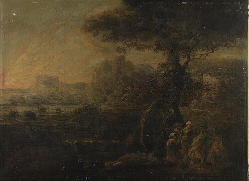 Romantic landscape with travellers around a camp fire, 1690, 