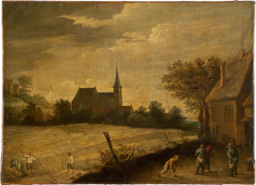 Landscape with Peasants Mowing and Bowling, 1700, 