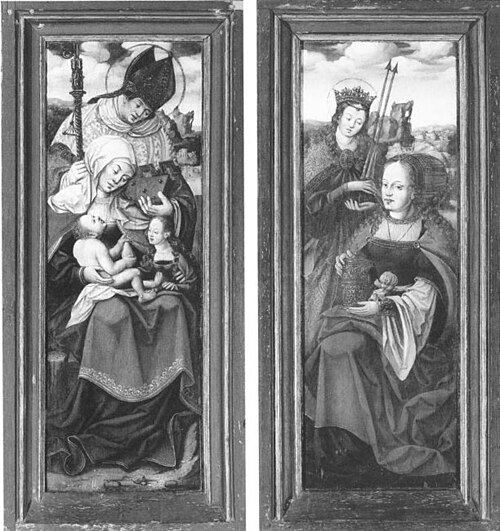 Left and Right Wing of an Altarpiece with St Anne with the Virgin and Child on her Lap, a Holy Bisho, 1545, 
