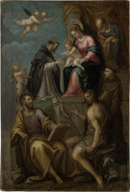 Madonna and Child Enthroned, with SS. Joseph, Domenic, Bartholomew, John the Baptist and Francis, 1575, 