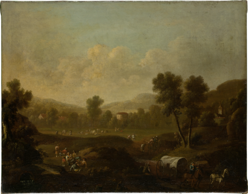 Mountainous Landscape with Figures Resting and Covered Wagon, 1750, 