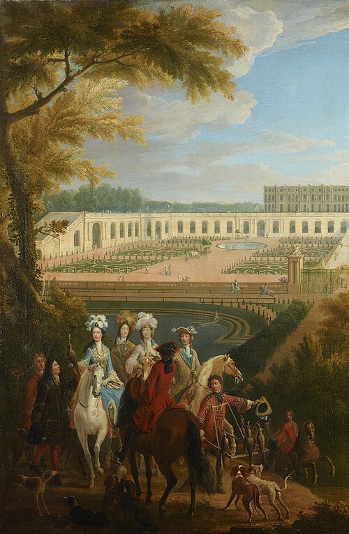 View of the departure of the Duchess of Burgundy for the hunt in front of the Orangery of Versailles, 1650, 