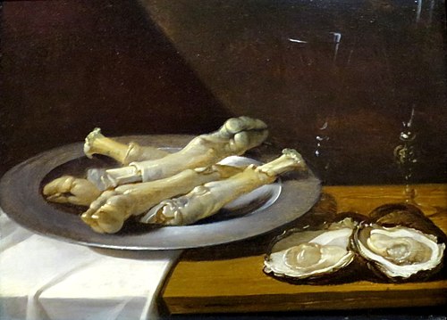 Pig's Knuckles on a Pewter Plate with Oysters and Wine Glasses on a Draped Table, 1630, 