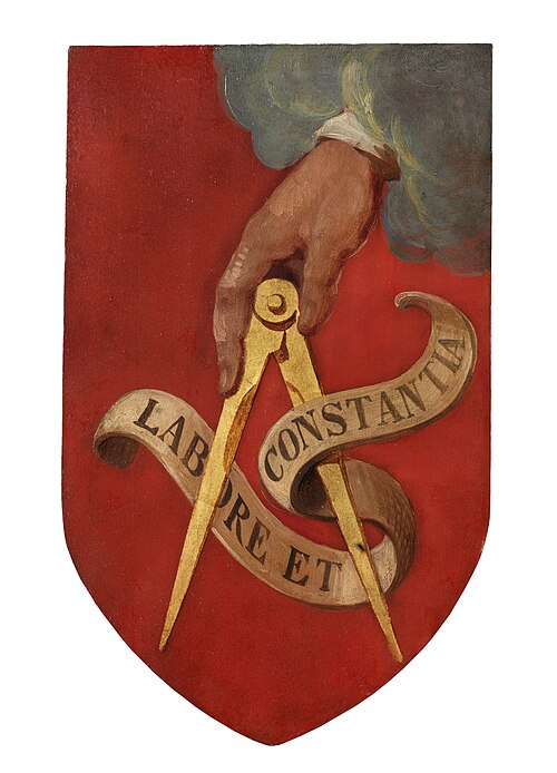 Bouclier avec marque d'imprimeur de l'imprimerie Plantinienne, 1875, 