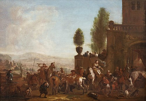 Exterior with people and horses, , 