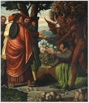 Landscape with an Angel Bearing the Crown of Martyrdom; Saint James the Greater and Hermogenes (on v, 1520, 
