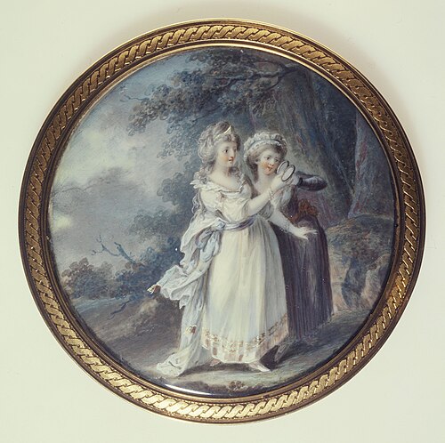 Deux femmes dans un parc regardant un médaillon, 1785, 