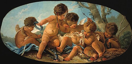 Groupe de cinq Amours avec des colombes, 1928, 