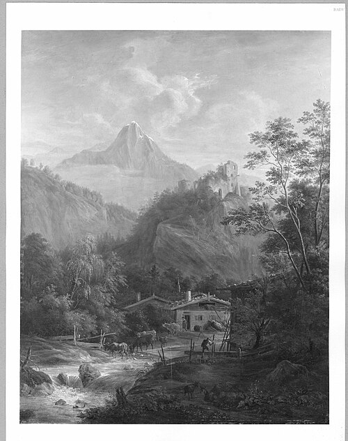 Alpine landscape with ruins + peasanthouse, 1818, Johann Jakob Dorner