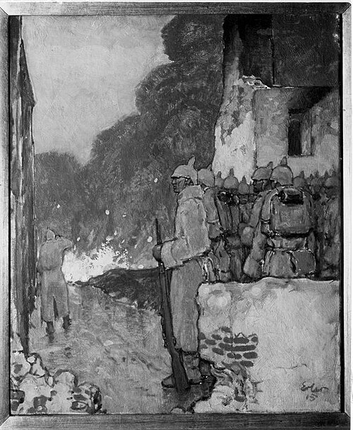 Mannschaft in einer Straße (In Reservestellung vor Ypern), 1915, Fritz Erler