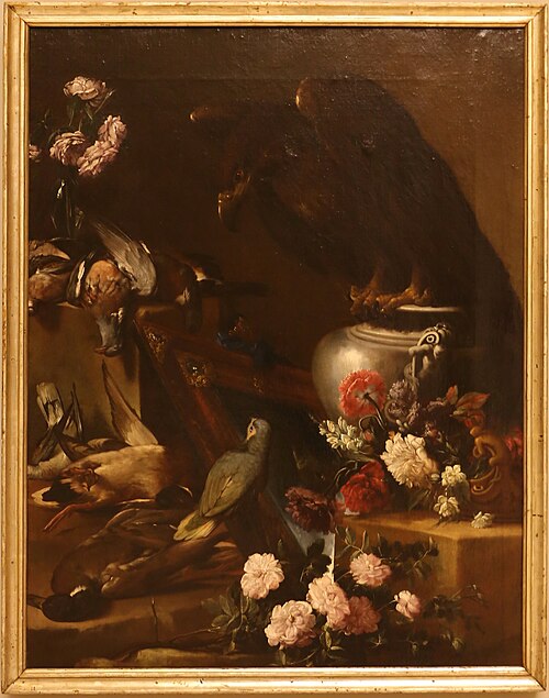 natura morta con aquila, pappagallo e fiori, , Agostino Stringa