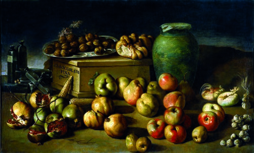 Natura morta con frutta, vasellame e una scatola di "chioccolata fina", 1650, Agostino Stringa