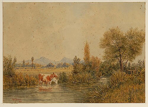 Landscape with cows drinking at a stream 1869, , Edward Noel Barraud