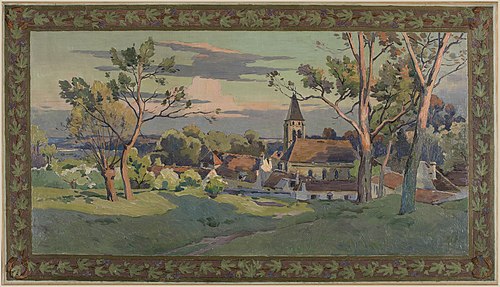 Esquisse pour la mairie de Thiais : village avec une église, 1902, Paul Schmitt
