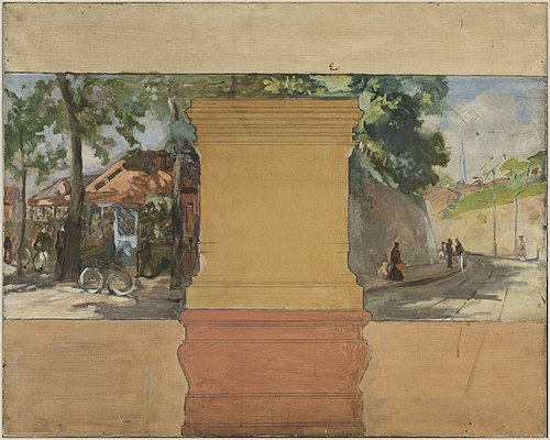 Esquisse pour la mairie de Vanves : Vue de Vanves avec guinguette, 1902, Paul Schmitt
