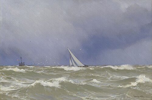 'Britannia' in a Squall in the Solent, 1894, Eduardo De Martino