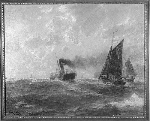 Een raderstoomschip en twee smakschepen ter hoogte van een havenhoofd, , Erwin Günther